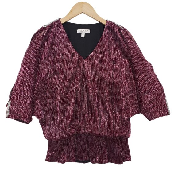 Chaus New York Metallic Plum Dolman Sleeve Blouse Size M Rhinestones Y2K Party - Picture 1 of 7